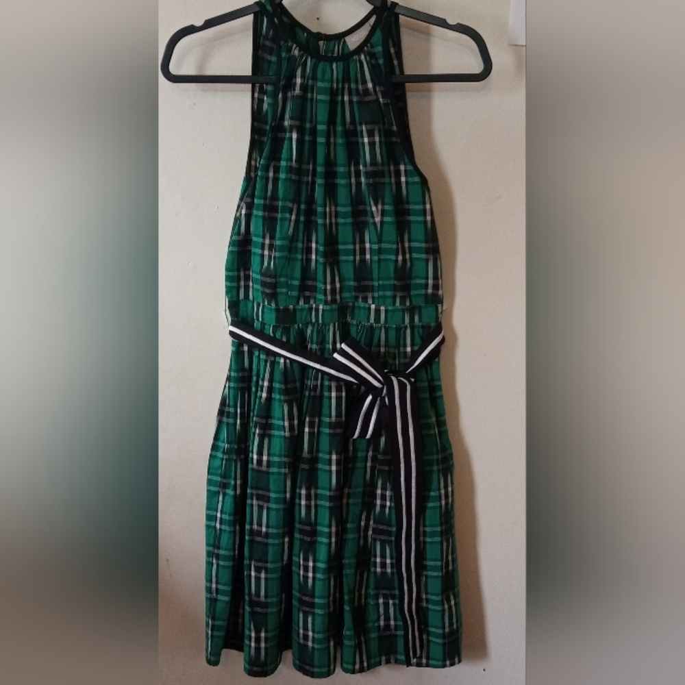 eShakli Green Plaid Sleeveless Halter Shirt Dress Tie Front Belt Women's Size S